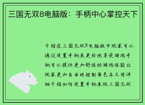 三国无双8电脑版：手柄中心掌控天下