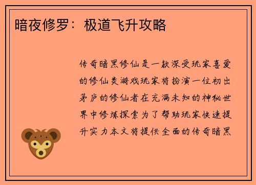 暗夜修罗：极道飞升攻略